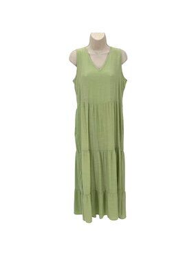 Halife Sleeveless Tiered Green Side Pockets V-Neck Lightweight Maxi Dress L